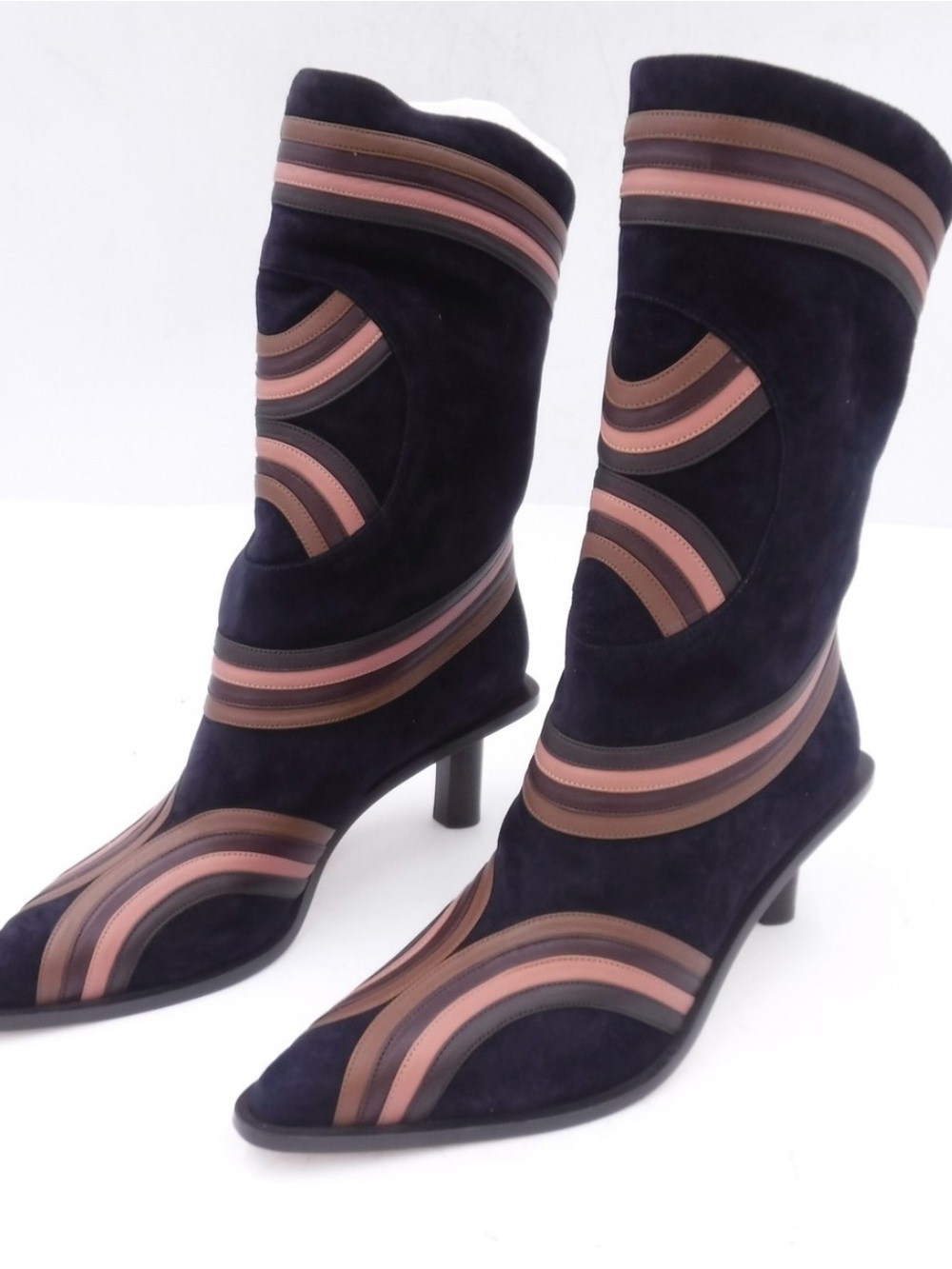 Salvatore Ferragamo Navy Suede Mid-Calf Heeled Boots with Pink and Brown Stripes
